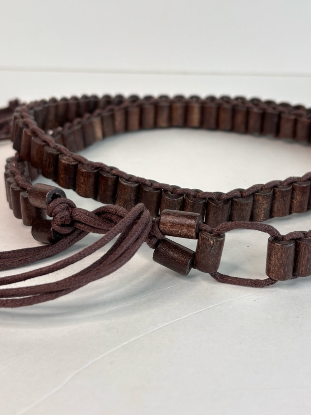 Vintage Wooden Bead & Leather Braided 70’s Hip Tie Belt Brown